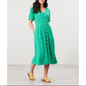 Joules Emily Midi Dress Kelly Green Linen Blend Front Button Short Sleeves Large